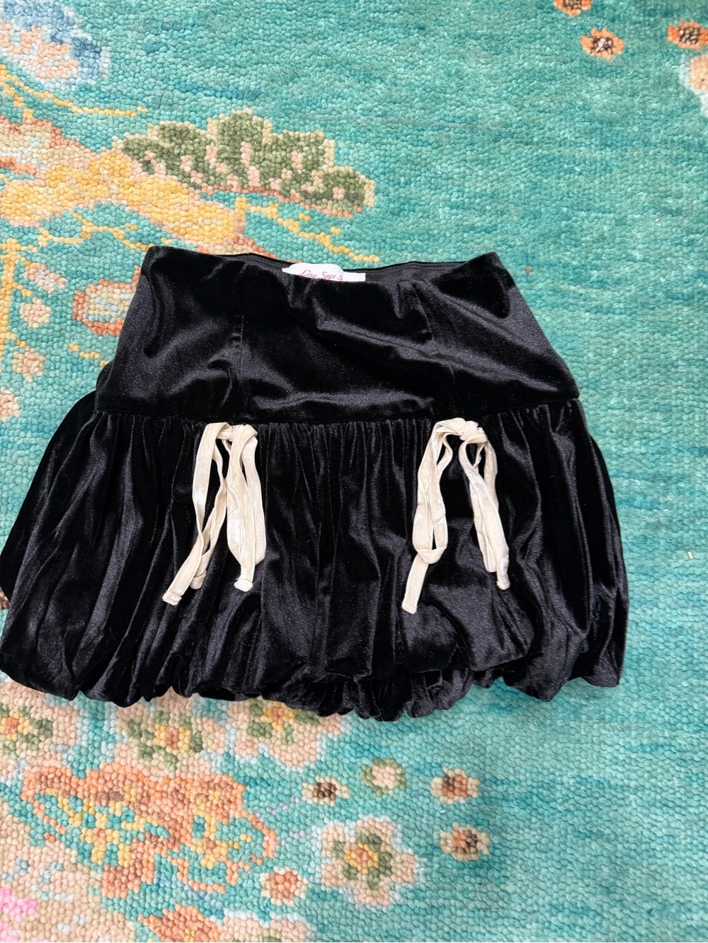 Lisa Says Gah Black Velvet Mini Skirt with Cream Tie Accents
